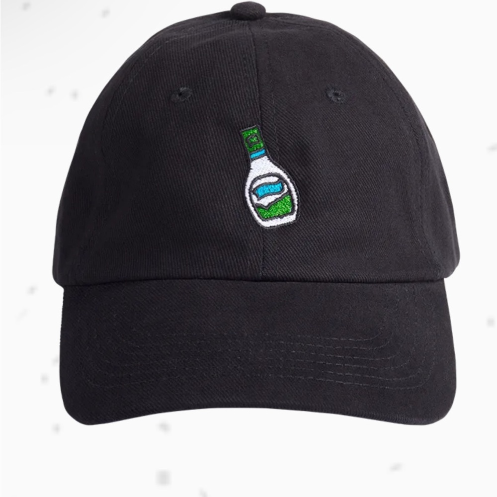 Black Cap with Embroidered Bottle Design